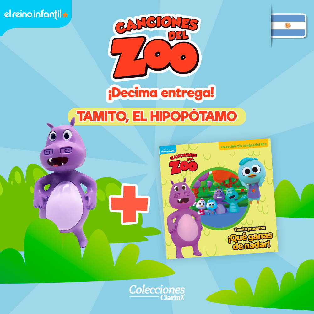Cartoon 桌布 壁紙 — 一隻快樂的紫色卡通河馬站在一本名為《Tamito, el Hipopótamo》的兒童書旁邊，背景是明亮的藍天和綠草。