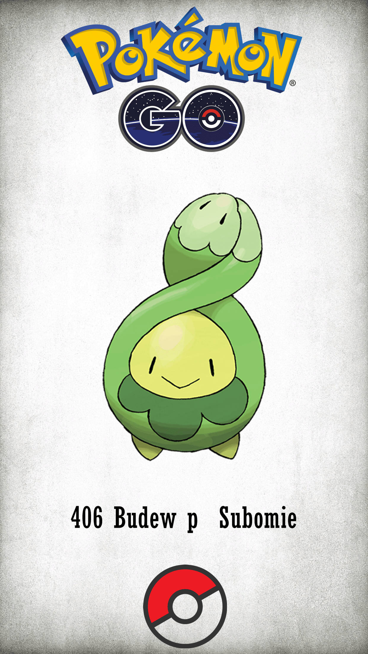 動漫 桌布 壁紙 — 一隻快樂的綠色 Budew 寶可夢以八字形盤繞在帶有 Pokémon GO 品牌標誌的紋理灰色背景上。