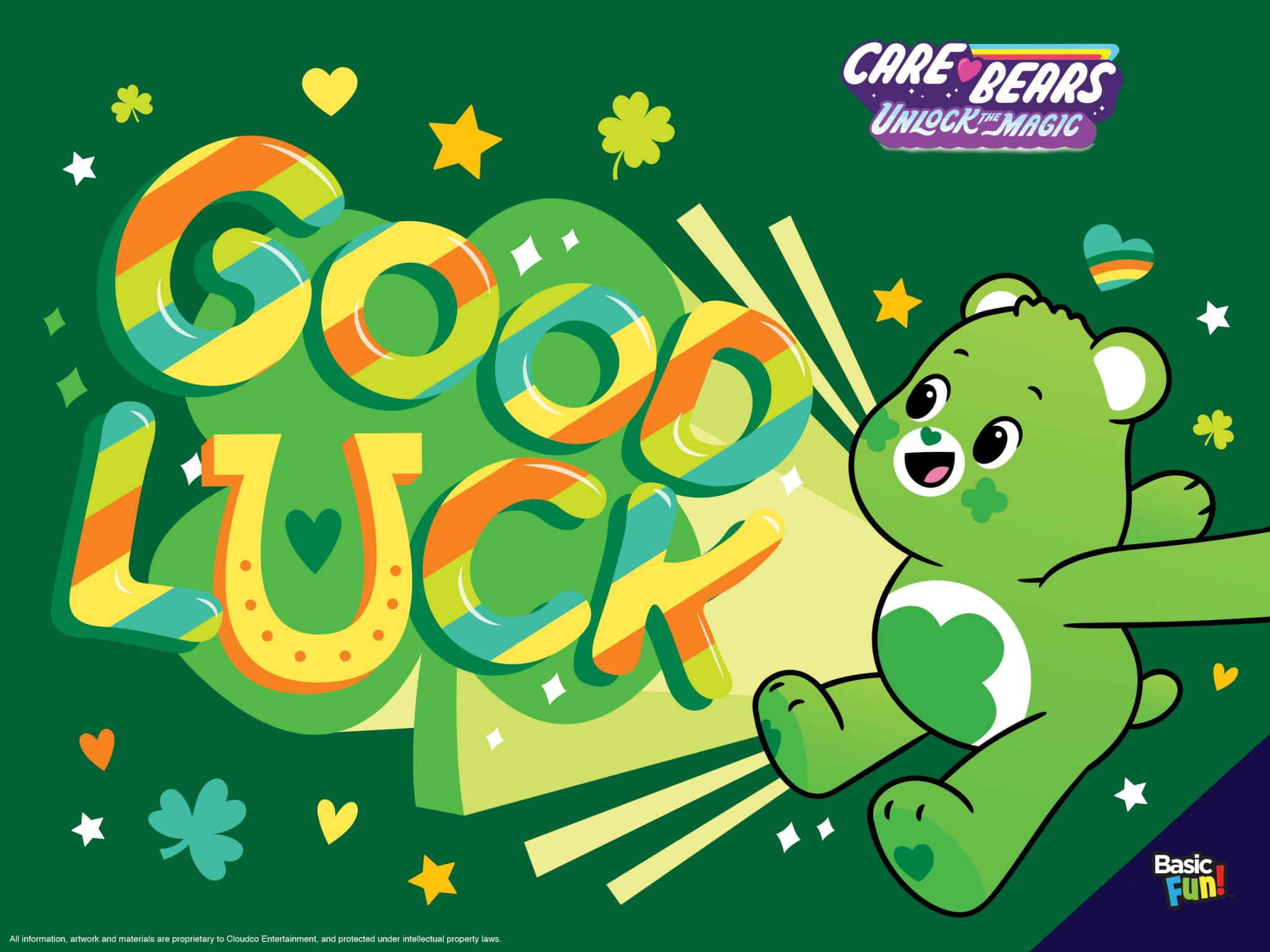 Good Luck 桌布 壁紙 — 一隻快樂的綠色Care Bear，肚子上有三葉草，在充滿活力的彩虹條紋「GOOD LUCK」文字旁邊歡快地跳躍，背景是節日氣氛的綠色。