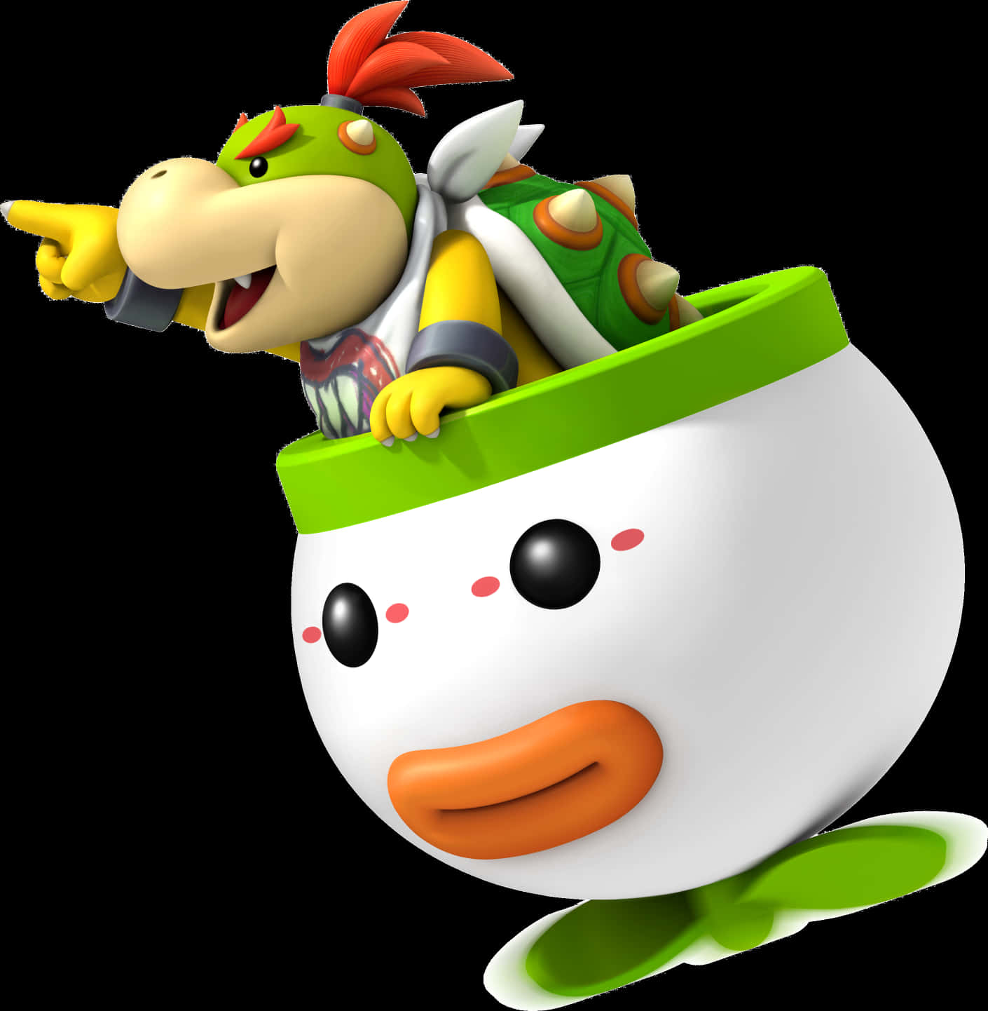 bowser 桌布 壁紙 — 一隻快樂的綠色Koopa Troopa騎著一個微笑的白色蛋形車輛，帶有綠色裝飾，背景為黑色。