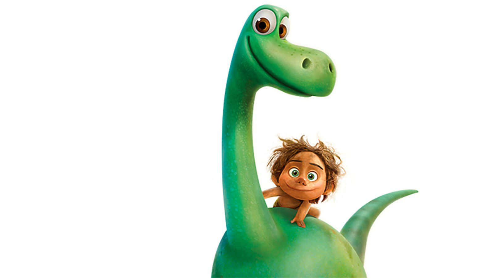 Cartoon Dinosaur 桌布 壁紙 — 一隻快樂的綠色動畫恐龍，脖子上坐著一個小孩，背景為純白色。