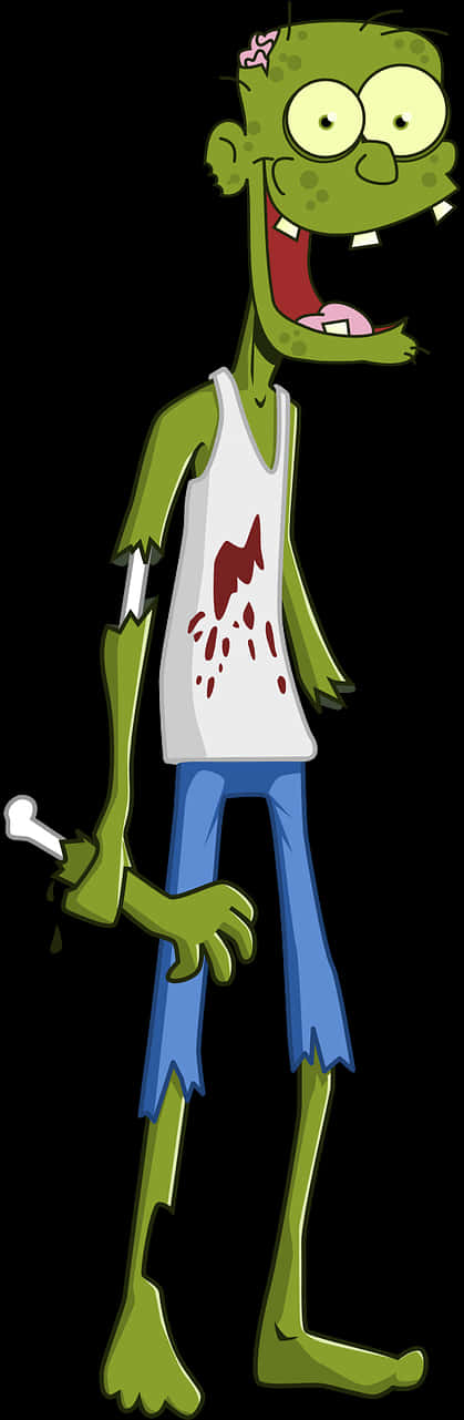 Undead 桌布 壁紙 — 一隻快樂的綠色卡通殭屍，大眼睛，手裡拿著骨頭，穿著沾滿血跡的白色背心和破爛的藍色牛仔褲。