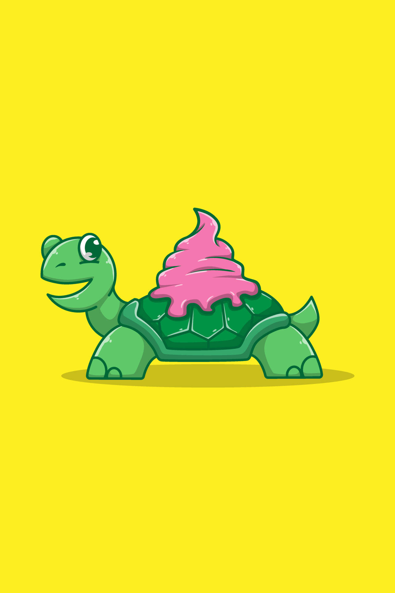 Cartoon Turtle 桌布 壁紙 — 一隻快樂的綠色卡通烏龜，殼上有粉紅色冰淇淋漩渦，背景是明亮的黃色。