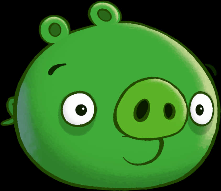 Angry Birds 桌布 壁紙 — 一隻快樂的綠色卡通豬，有大眼睛和微笑的臉，在黑色背景上。