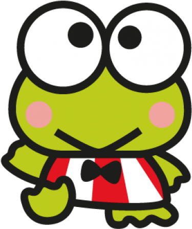 Cute Frog 桌布 壁紙 — 一隻快樂的綠色卡通青蛙，有大大的白色眼睛和紅白條紋蝴蝶結，燦爛地微笑。