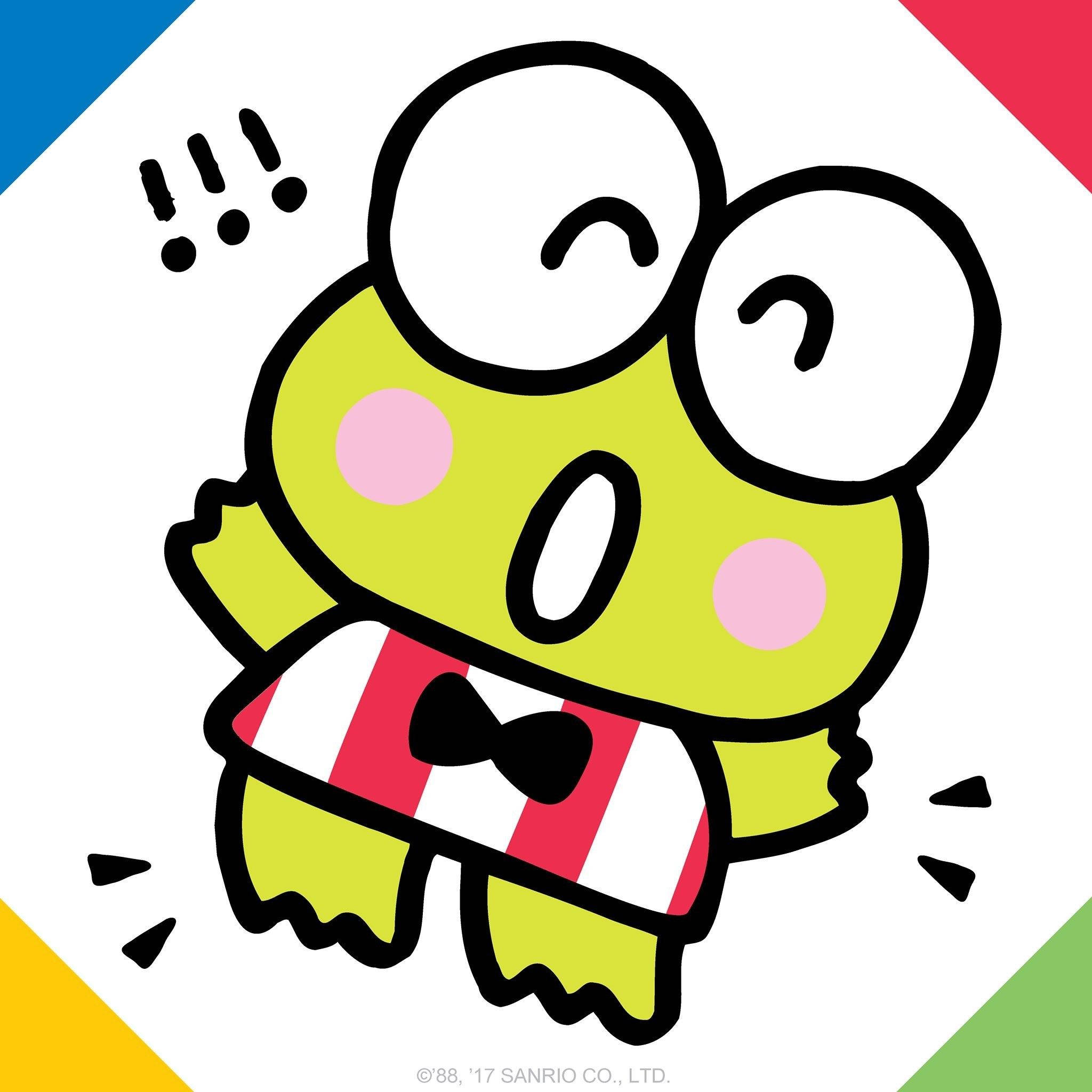 Keroppi 桌布 壁紙 — 一隻快樂的綠色卡通青蛙，有大眼睛和蝴蝶結，在色彩繽紛的幾何背景前微笑。