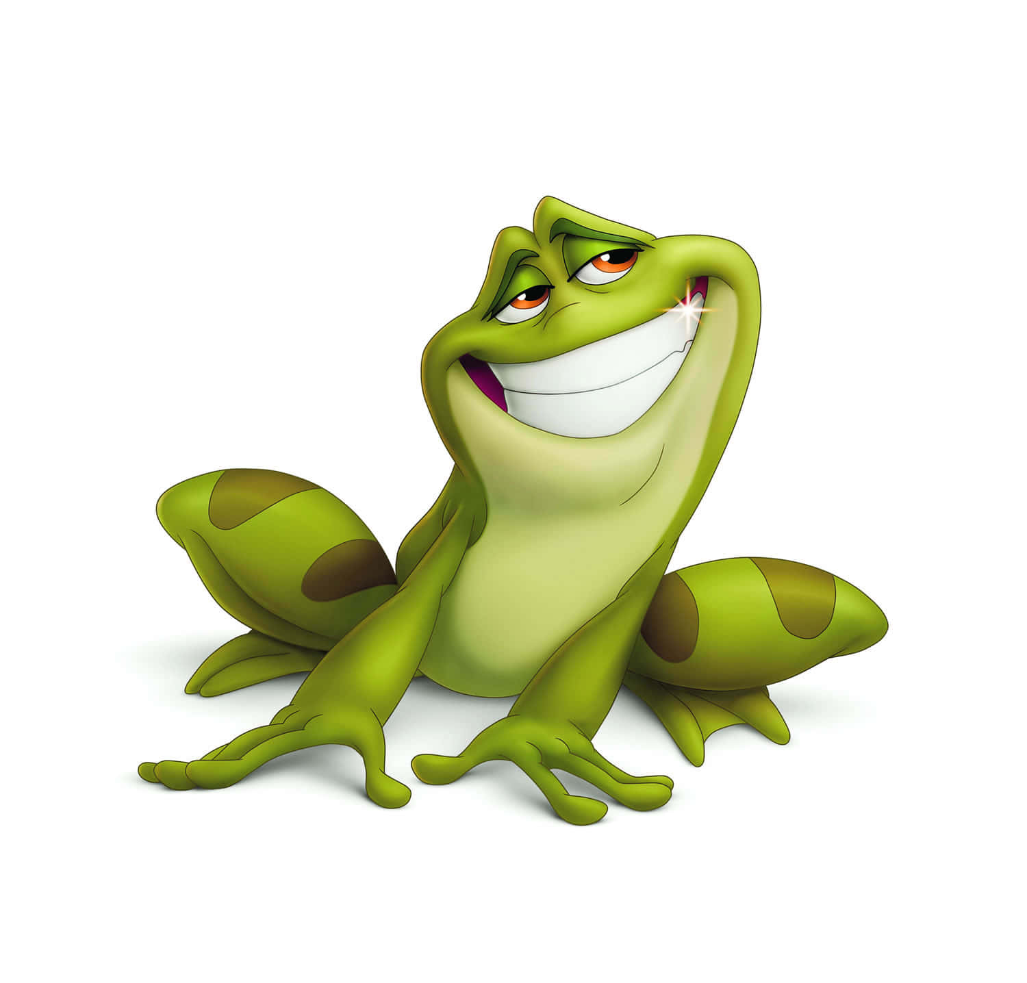 princess and the frog 桌布 壁紙 — 一隻快樂的綠色卡通青蛙，露出寬闊的牙齒笑容和閃閃發光的眼睛，坐在純白色背景前。