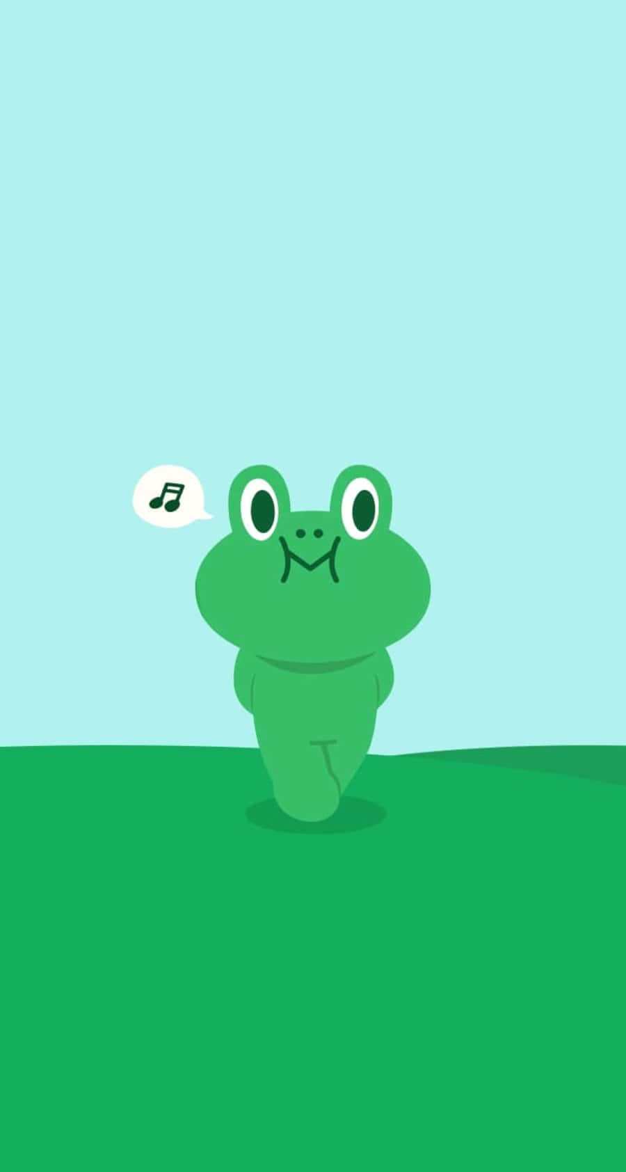 Aesthetic Frog 桌布 壁紙 — 一隻快樂的綠色卡通青蛙站在草地上，有一個帶音符的對話氣泡，背景是淺藍色的天空。