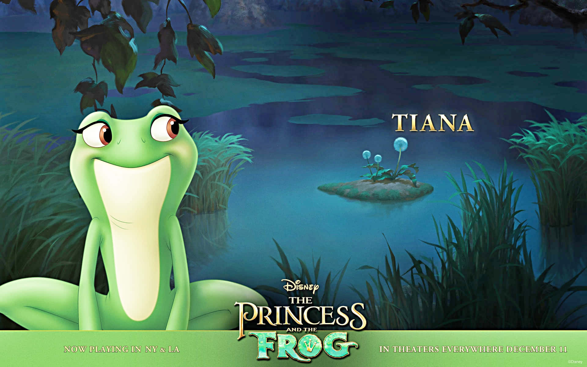 princess and the frog 桌布 壁紙 — 一隻快樂的綠色青蛙，大眼睛，坐在月光照耀的沼澤中，周圍環繞著蘆葦和發光的藍色花朵。