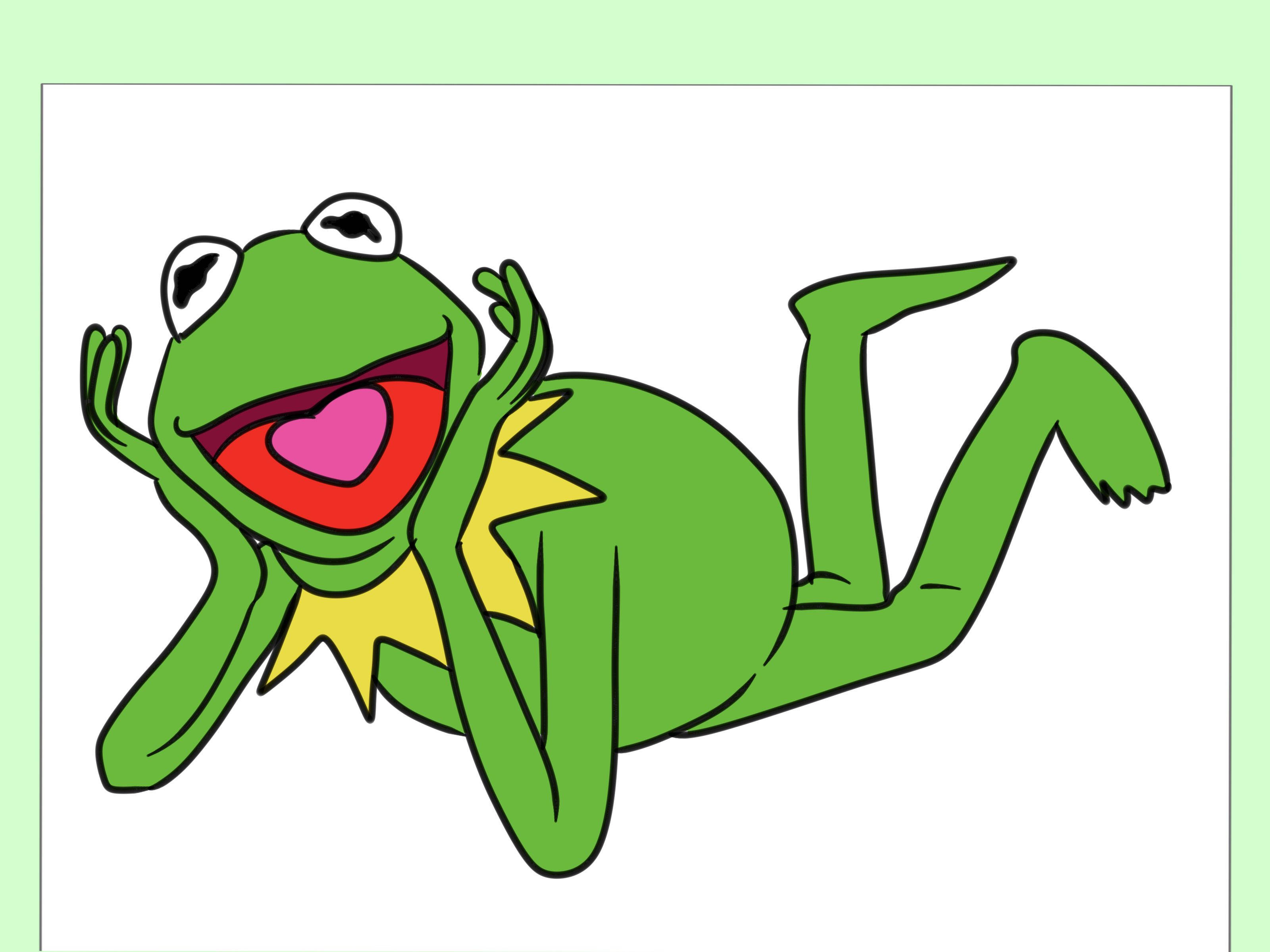 kermit 桌布 壁紙 — 一隻快樂的綠色青蛙戴著黃色項圈，仰躺著，雙手靠近臉部大笑。