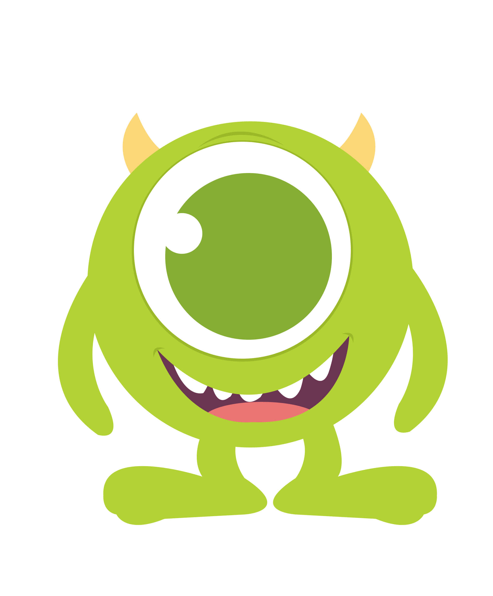 Kawaii Monster 桌布 壁紙 — 一隻快樂的萊姆綠色獨眼怪物，有黃色角和露出牙齒的燦爛笑容，背景是白色。