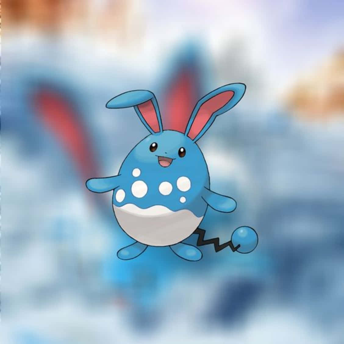Pokemon Aesthetic 桌布 壁紙 — 一隻快樂的藍色兔子狀寶可夢，帶有白色斑點和紅色內耳，在柔和模糊的天空背景下愉快地漂浮。