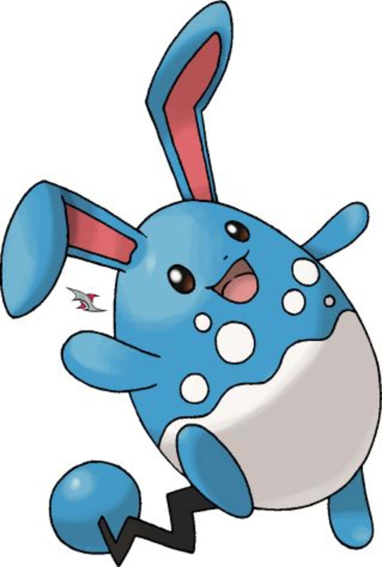 Pokemon 桌布 壁紙 — 一隻快樂的藍色兔子狀寶可夢，帶有白色斑點和紅色內耳，在純白色背景上歡快地跳躍。