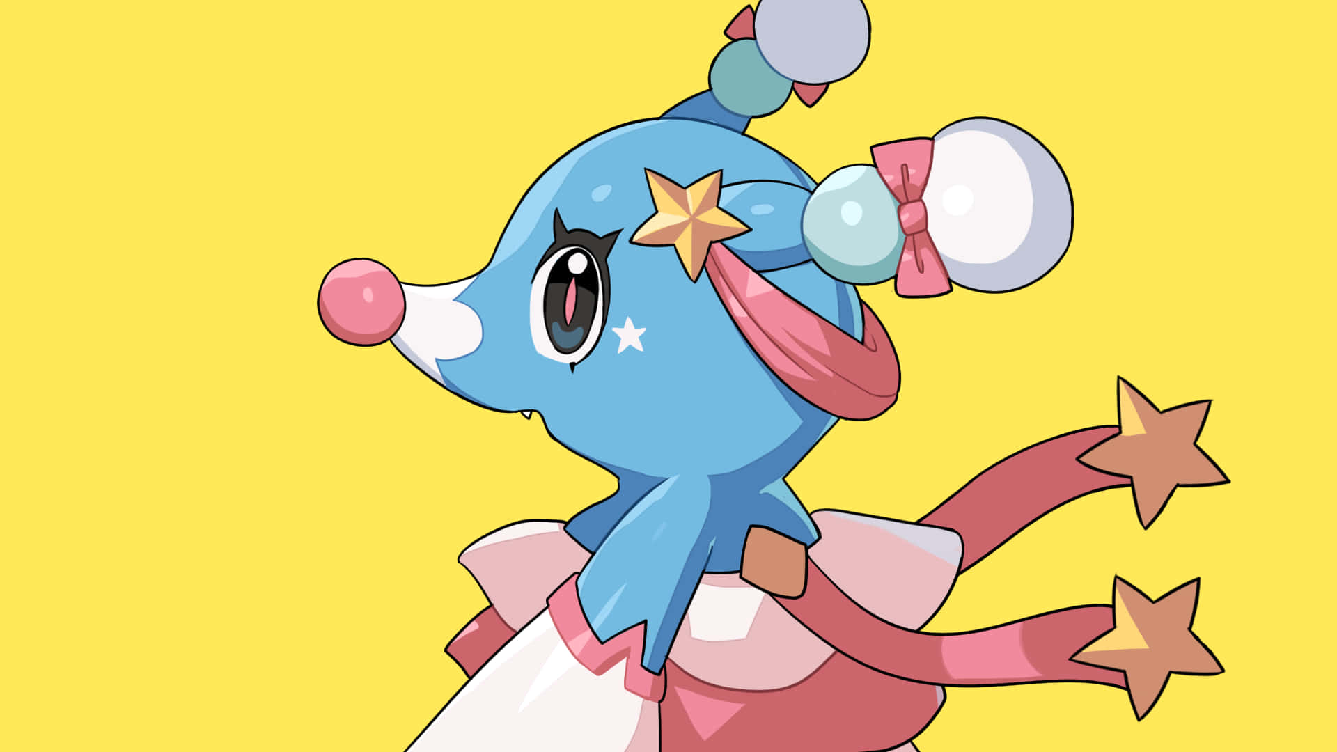 Pokemon Aesthetic 桌布 壁紙 — 一隻快樂的藍色動畫老鼠，帶有星星飾品和粉紅色蝴蝶結，站在明亮的黃色背景前。