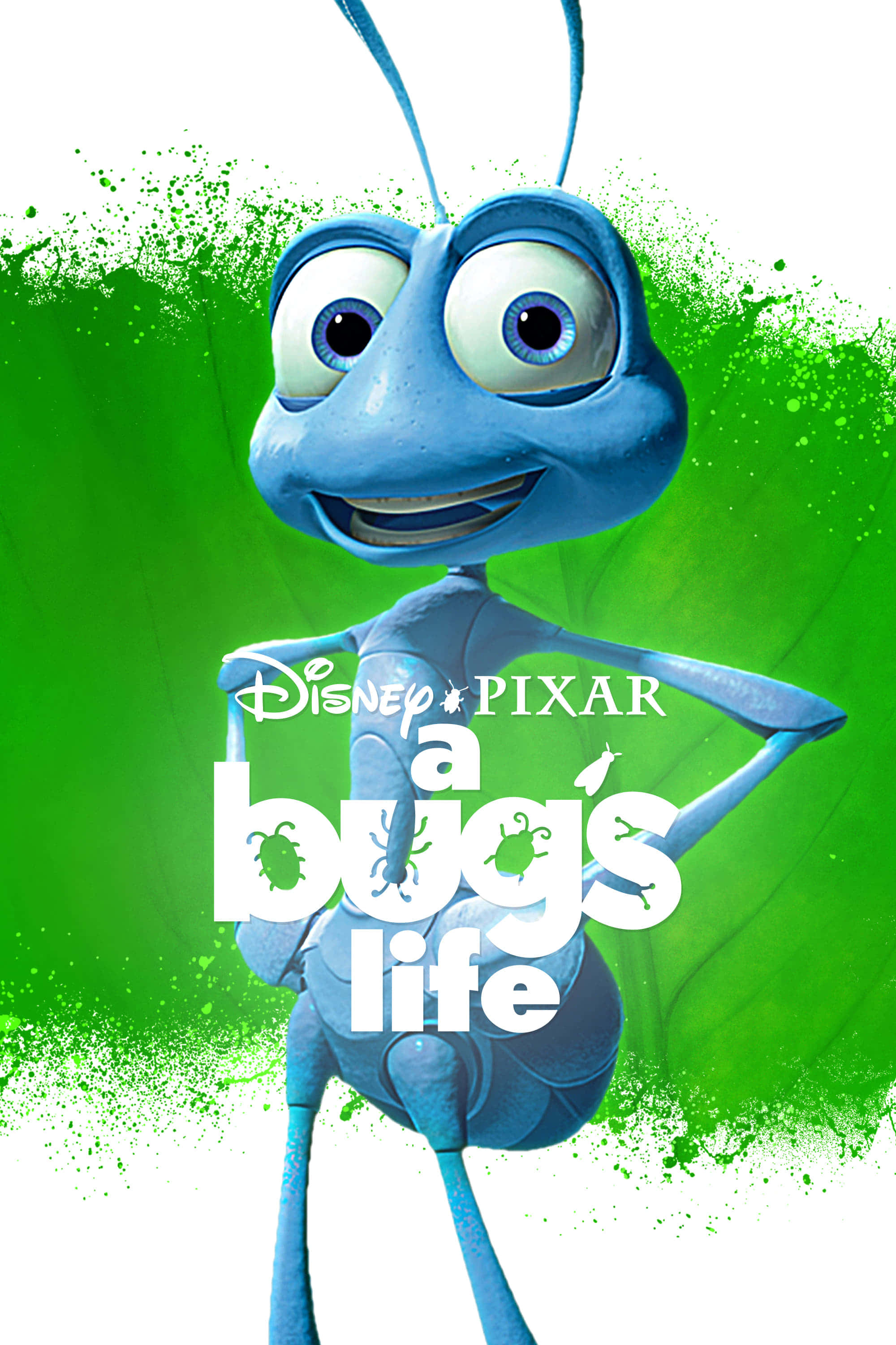 A Bug's Life 桌布 壁紙 — 一隻快樂的藍色動畫螞蟻，有大眼睛和寬闊的笑容，自信地站在充滿活力的綠色潑濺背景前。