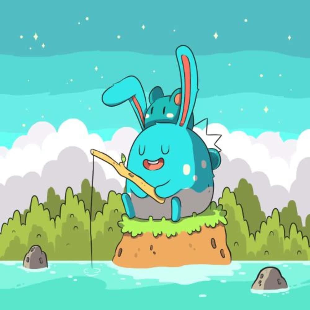 藍色卡通兔在星空下的夜間岩石上釣魚