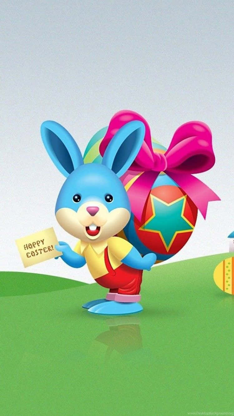 Cartoon 桌布 壁紙 — 一隻快樂的藍色卡通兔子拿著一張「Happy Easter!」卡片，同時抱著一個帶有粉紅色蝴蝶結的巨型彩色蛋。