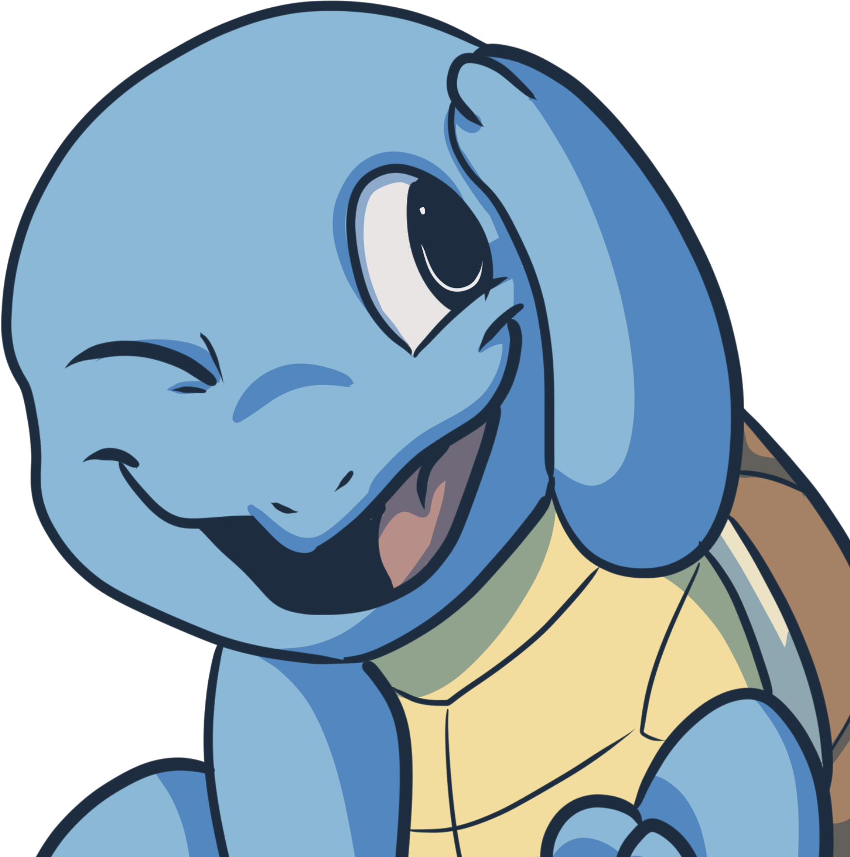 Squirtle 桌布 壁紙 — 一隻快樂的藍色卡通烏龜，咧嘴大笑，單眼眨眼，背景為黑色。