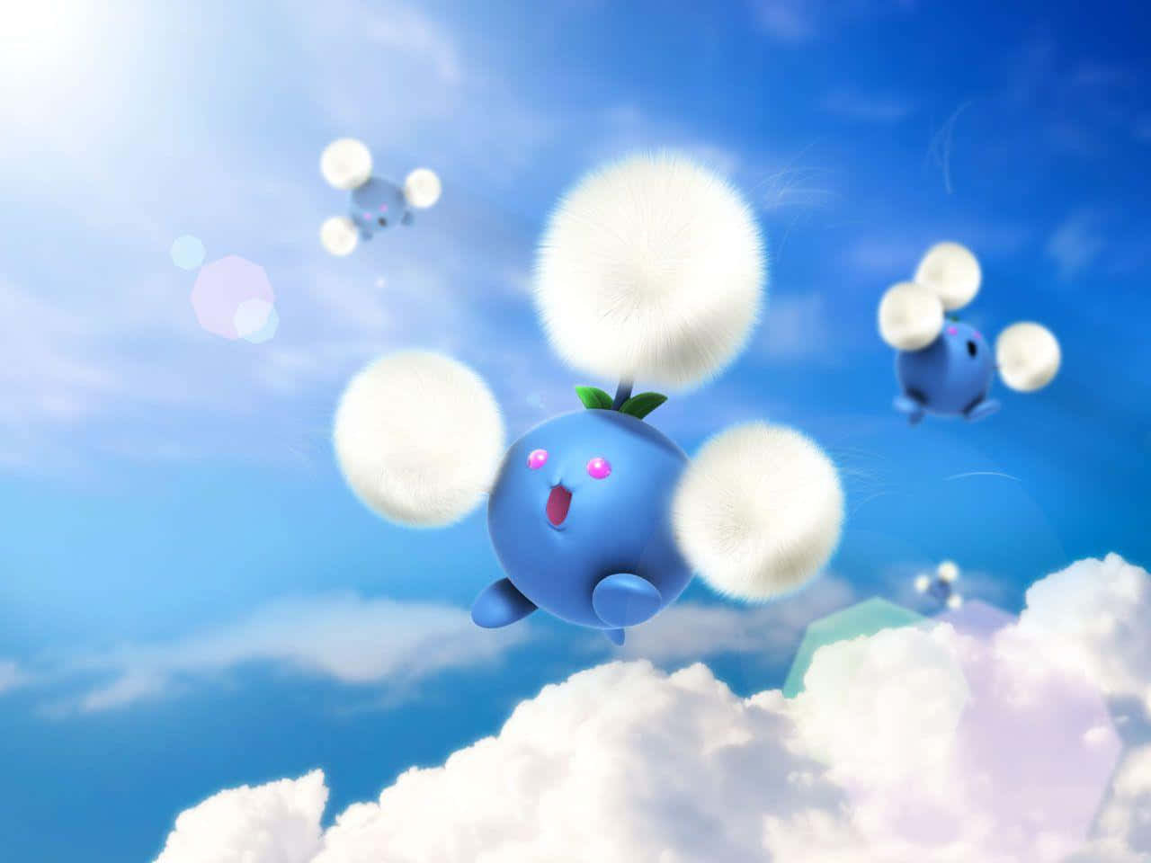 寶可夢 桌布 壁紙 — 一隻快樂的藍色卡通生物，擁有蓬鬆的白色翅膀，在柔軟雲朵之上的明亮藍天中歡樂翱翔。