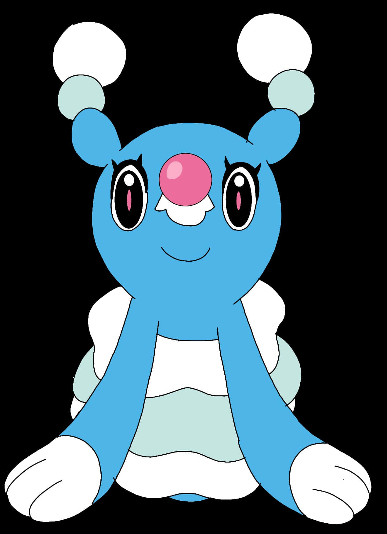 Pokemon Aesthetic 桌布 壁紙 — 一隻快樂的藍色卡通生物，有大眼睛和白色尖耳朵，坐在黑色背景前。