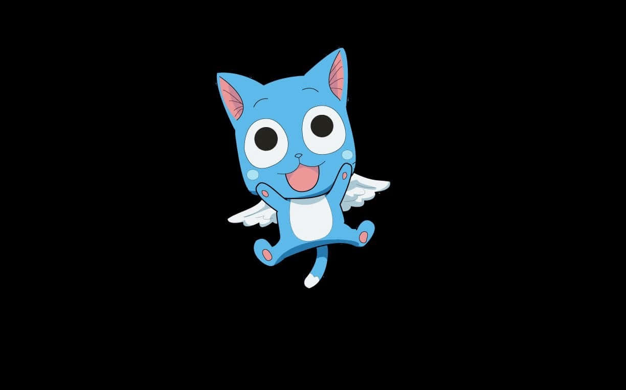 Fairy Tail Happy 桌布 壁紙 — 一隻快樂的藍色卡通貓，有白色翅膀和粉紅色內耳，在黑色背景上愉快地漂浮。