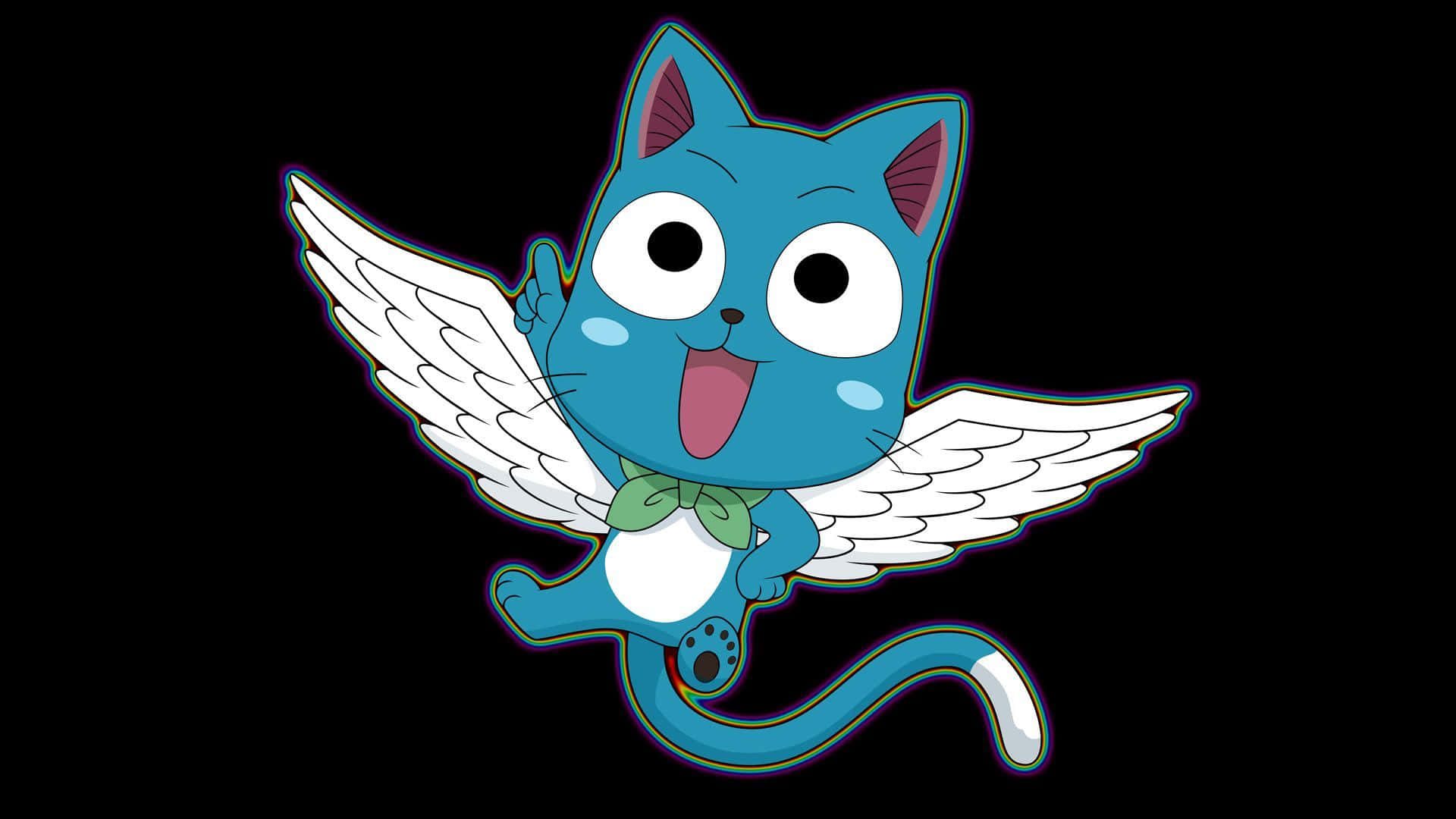 Fairy Tail Happy 桌布 壁紙 — 一隻快樂的藍色卡通貓，有白色翅膀和綠色蝴蝶結，在黑色背景上快樂地飛翔。