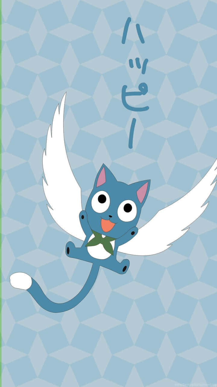 Fairy Tail Happy 桌布 壁紙 — 一隻快樂的藍色卡通貓，長著白色翅膀和綠色蝴蝶結，在淺藍色幾何圖案背景上歡快地飛翔。