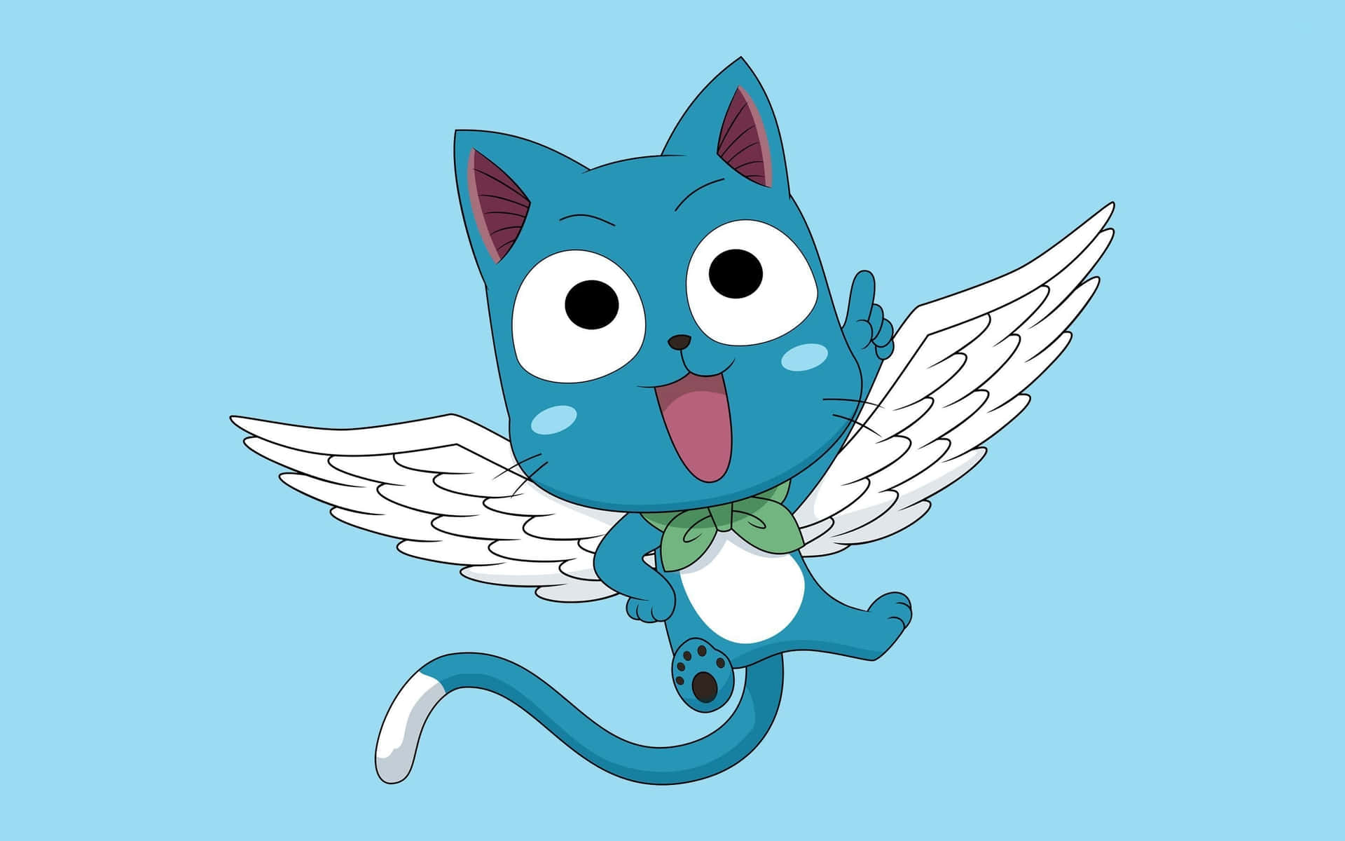 Fairy Tail Happy 桌布 壁紙 — 一隻快樂的藍色卡通貓，長著白色翅膀和綠色蝴蝶結，在淺藍色背景上快樂地飛翔。