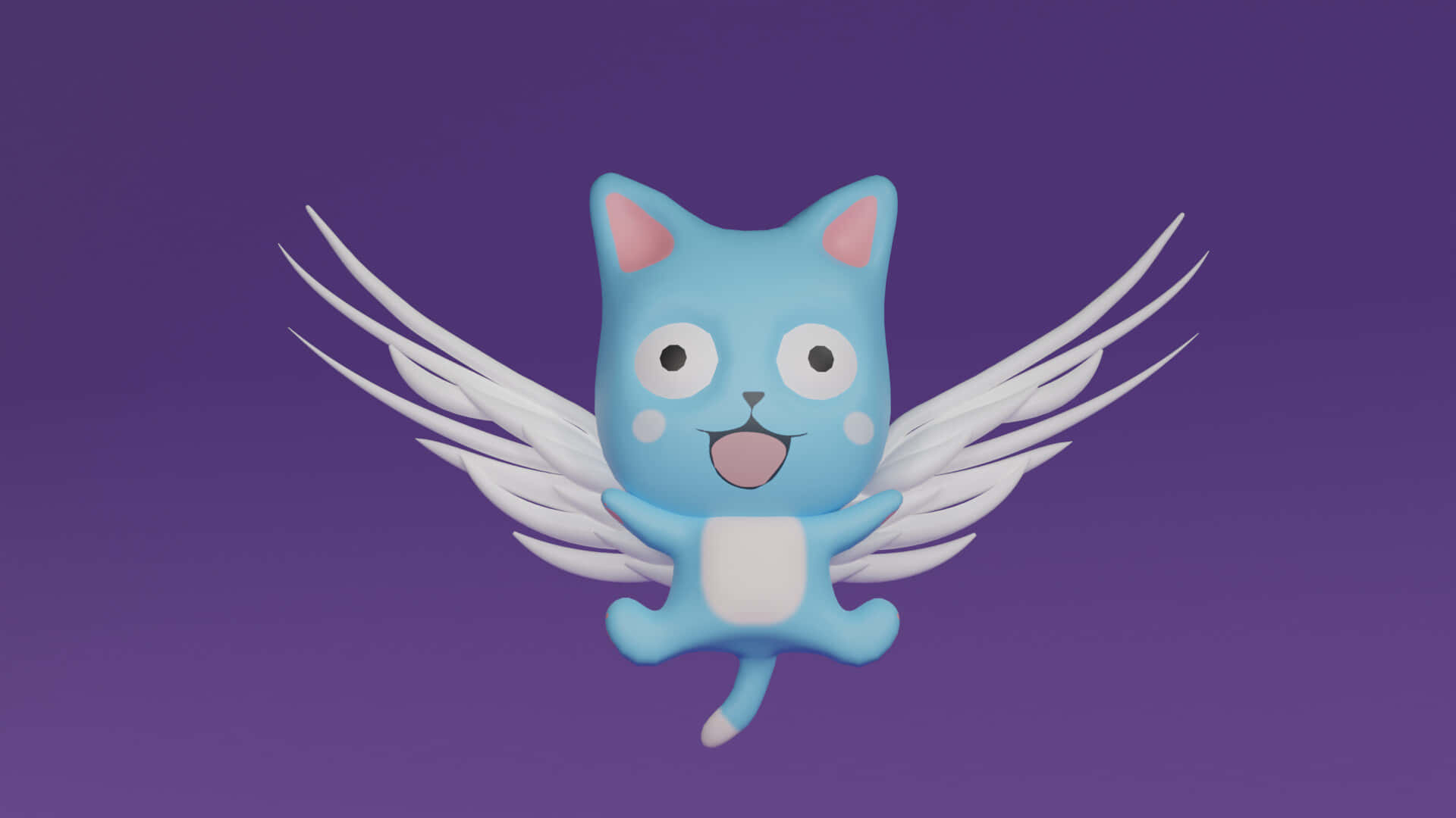 Fairy Tail Happy 桌布 壁紙 — 一隻快樂的藍色卡通貓咪，長著白色翅膀，在純紫色背景上愉快地漂浮。