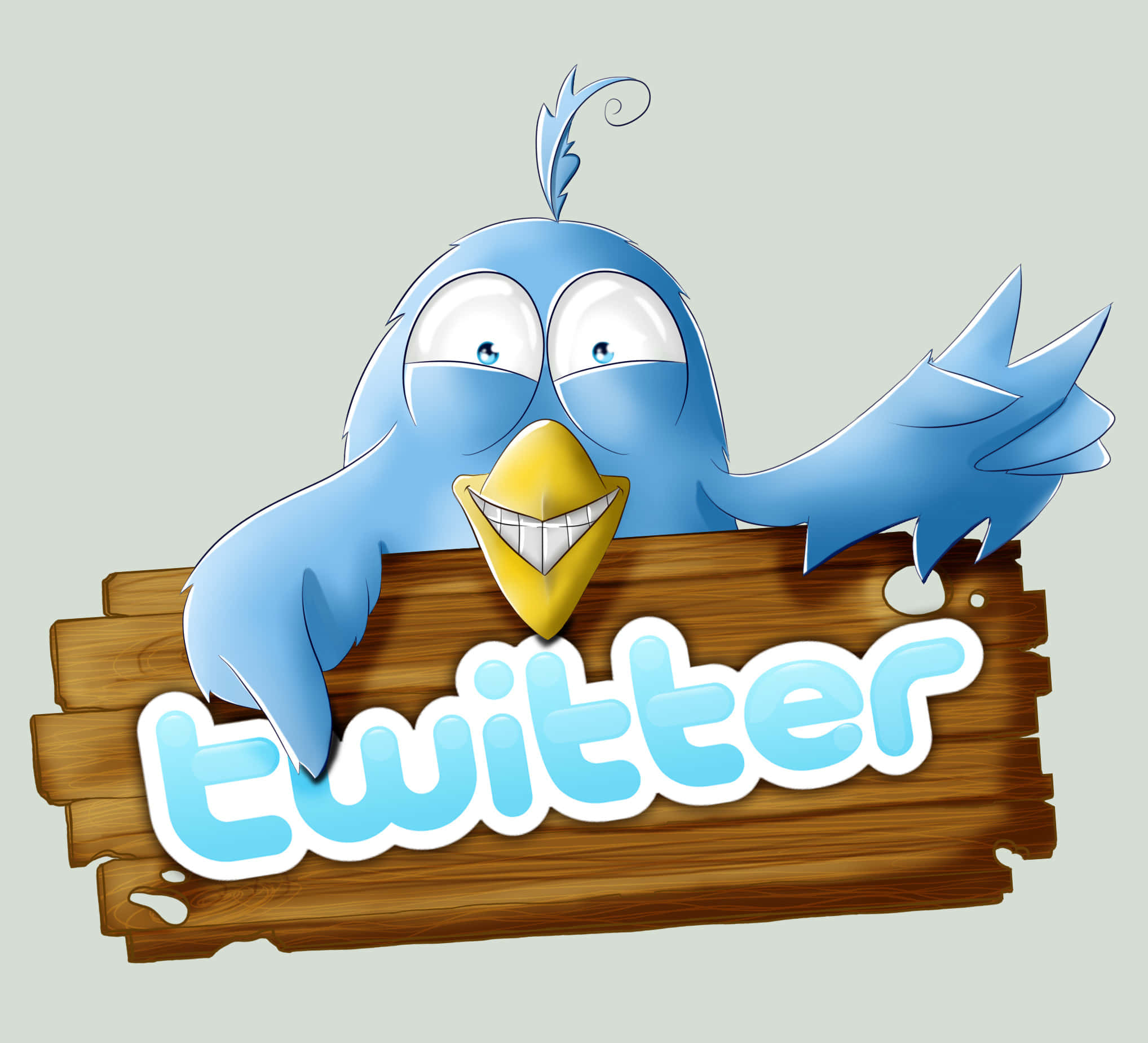 Twitter 桌布 壁紙 — 一隻快樂的藍色卡通鳥，黃色喙，微笑著拿著一個寫著twitter的木牌。
