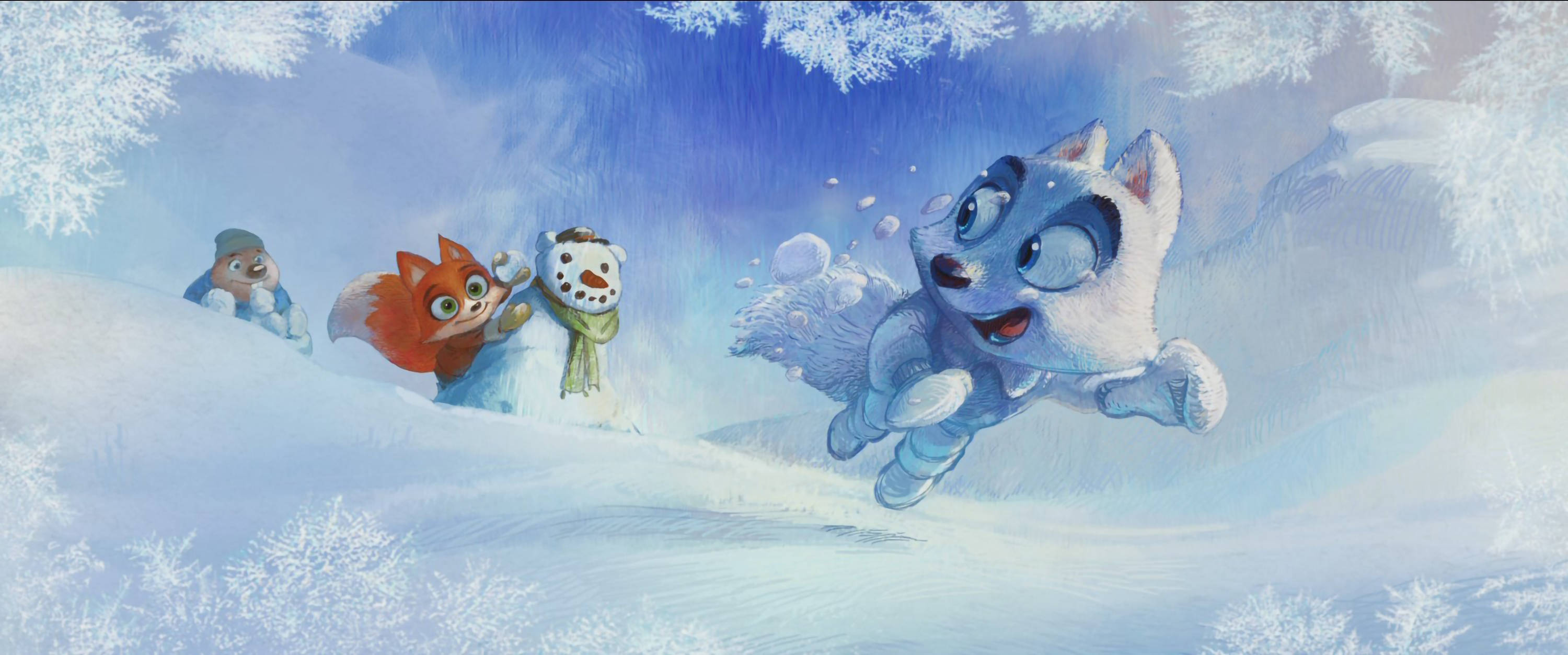 桌布 壁紙 — 一隻快樂的藍色小狗在雪空中跳躍，而一隻狐狸和雪人從白雪覆蓋的山丘上，在寒冷的天空下觀看。