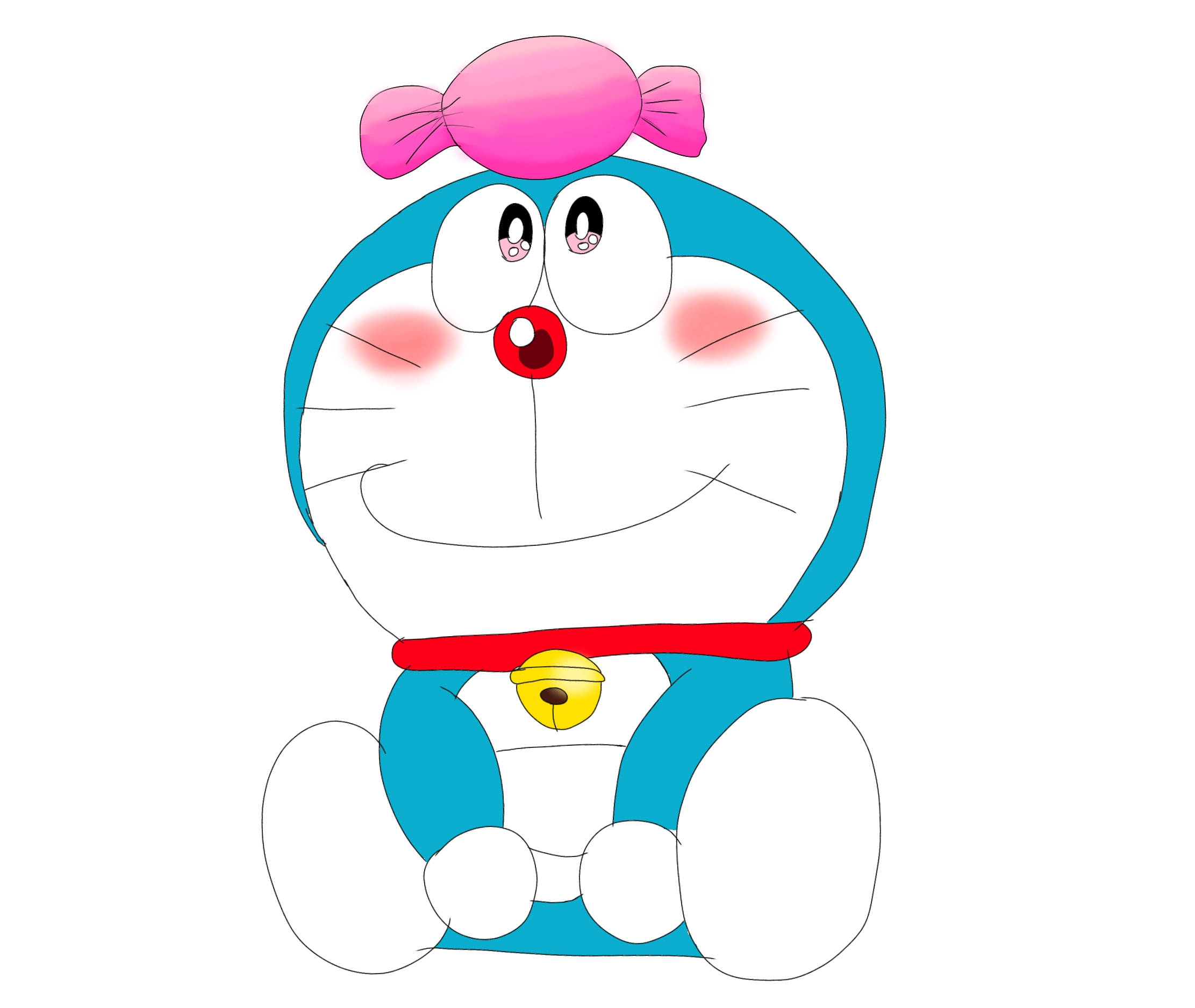 Cute Doraemon 桌布 壁紙 — 一隻快樂的藍色機器貓，戴著粉紅色蝴蝶結和紅色鈴鐺項圈，坐在純白色背景前微笑。