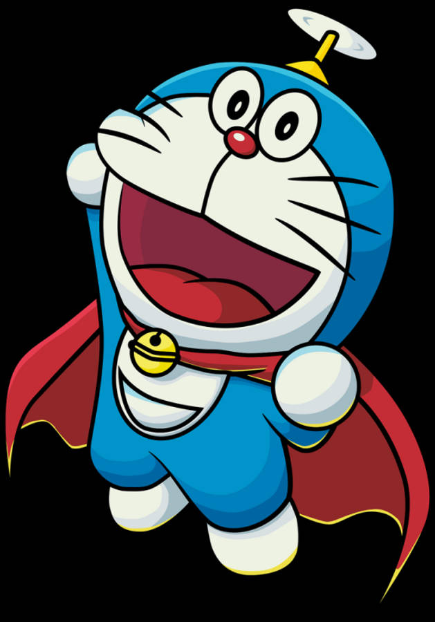 doraemon 4K 桌布 壁紙 — 一隻快樂的藍色機器貓，披著紅色斗篷，戴著飛行螺旋槳帽，在黑色背景上咧嘴大笑。