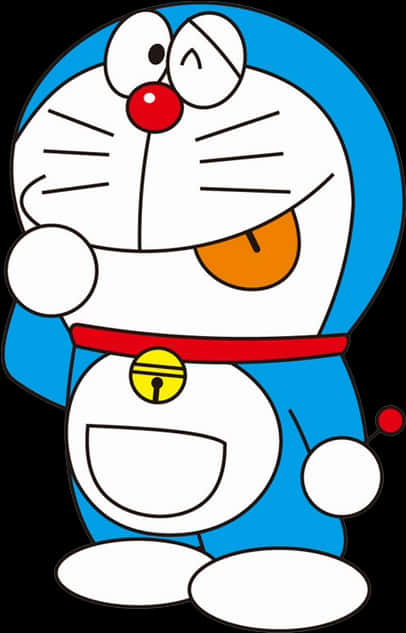 Doraemon 桌布 壁紙 — 一隻快樂的藍色機器貓，有紅色鼻子和黃色鈴鐺項圈，在黑色背景上咧嘴大笑。
