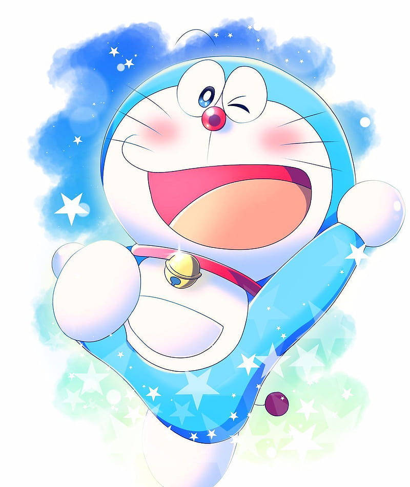 doraemon 4K 桌布 壁紙 — 一隻快樂的藍色機器貓，有著紅色鼻子和鈴鐺項圈，在柔和的藍色和綠色背景前，星星圍繞著他旋轉，他正在大笑。