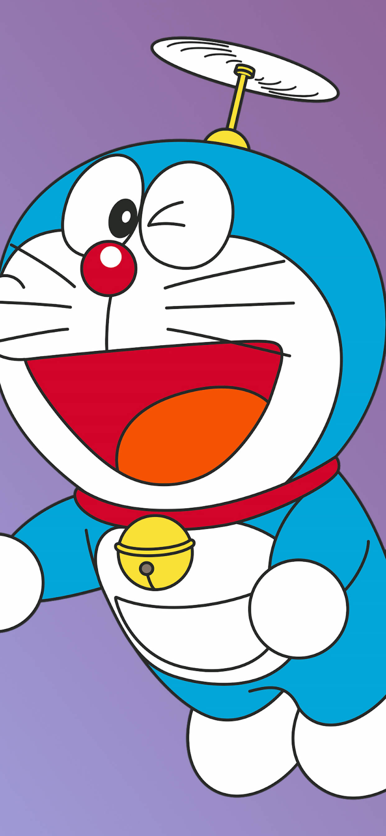 Doraemon 桌布 壁紙 — 一隻快樂的藍色機器貓，紅鼻子和旋轉天線光束，在紫色背景前歡樂地發光。