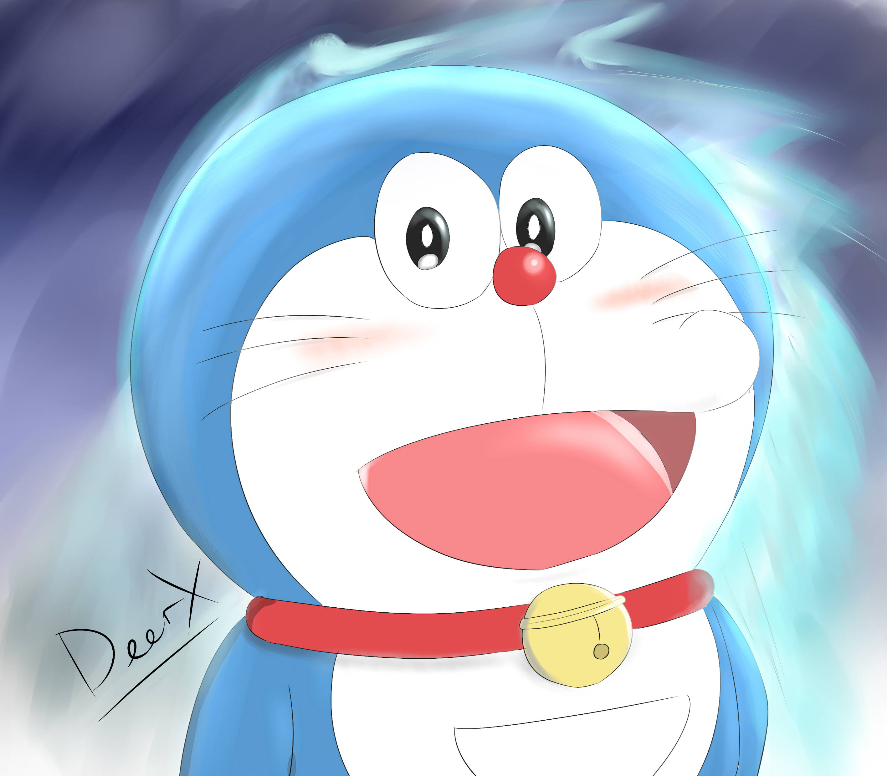 Cute Doraemon 桌布 壁紙 — 一隻快樂的藍色機器貓，紅鼻子和鈴鐺項圈，在旋轉的藍白背景下睜大眼睛閃閃發光。