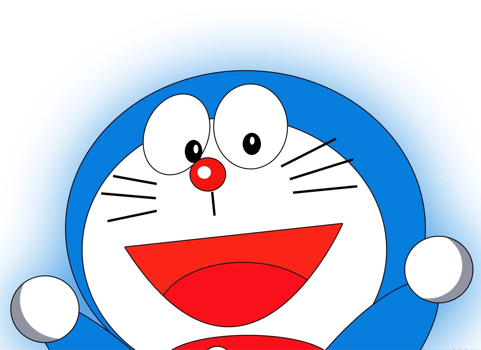 doraemon 4K 桌布 壁紙 — 一隻快樂的藍色機械貓，有紅色鼻子和寬闊的笑容，在柔和的藍色漸層背景上閃耀。