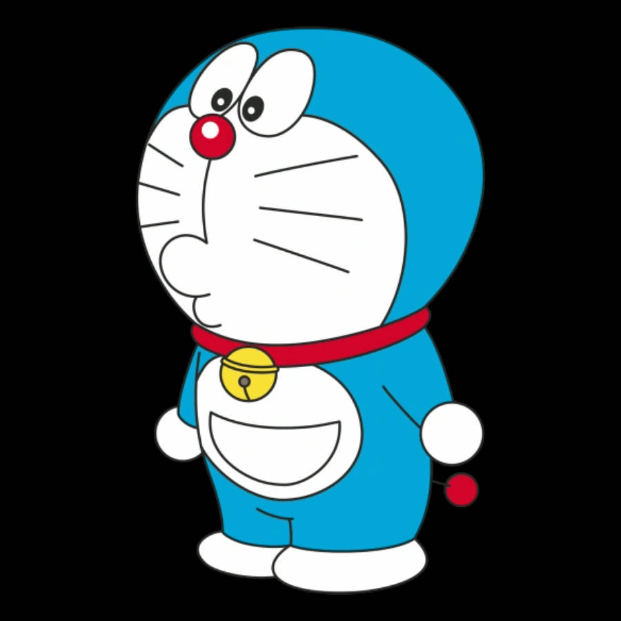 doraemon 4K 桌布 壁紙 — 一隻快樂的藍色機械貓，紅鼻子，戴著鈴鐺項圈，站在黑色背景前。