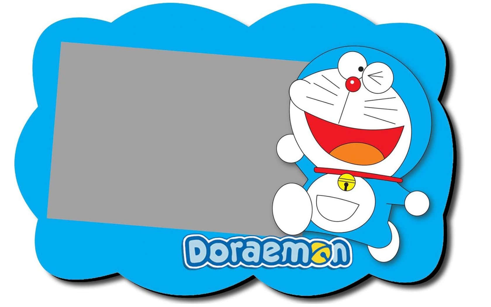Doraemon 桌布 壁紙 — 一隻快樂的藍色機械貓卡通角色，有紅色鼻子和鈴鐺，在雲朵形狀的藍色邊框內，微笑地站在灰色相框旁邊。