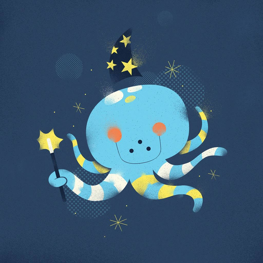 章魚 桌布 壁紙 — 一隻快樂的藍色章魚，戴著星星巫師帽，在深藍色背景上拿著發光的魔杖。