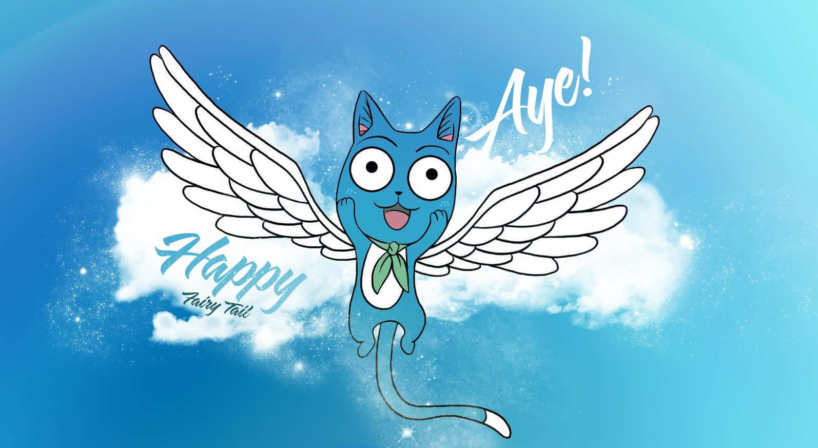Fairy Tail Happy 桌布 壁紙 — 一隻快樂的藍色貓咪長著白色翅膀，在點綴著蓬鬆雲朵和閃爍星星的明亮藍天中快樂地飛翔。