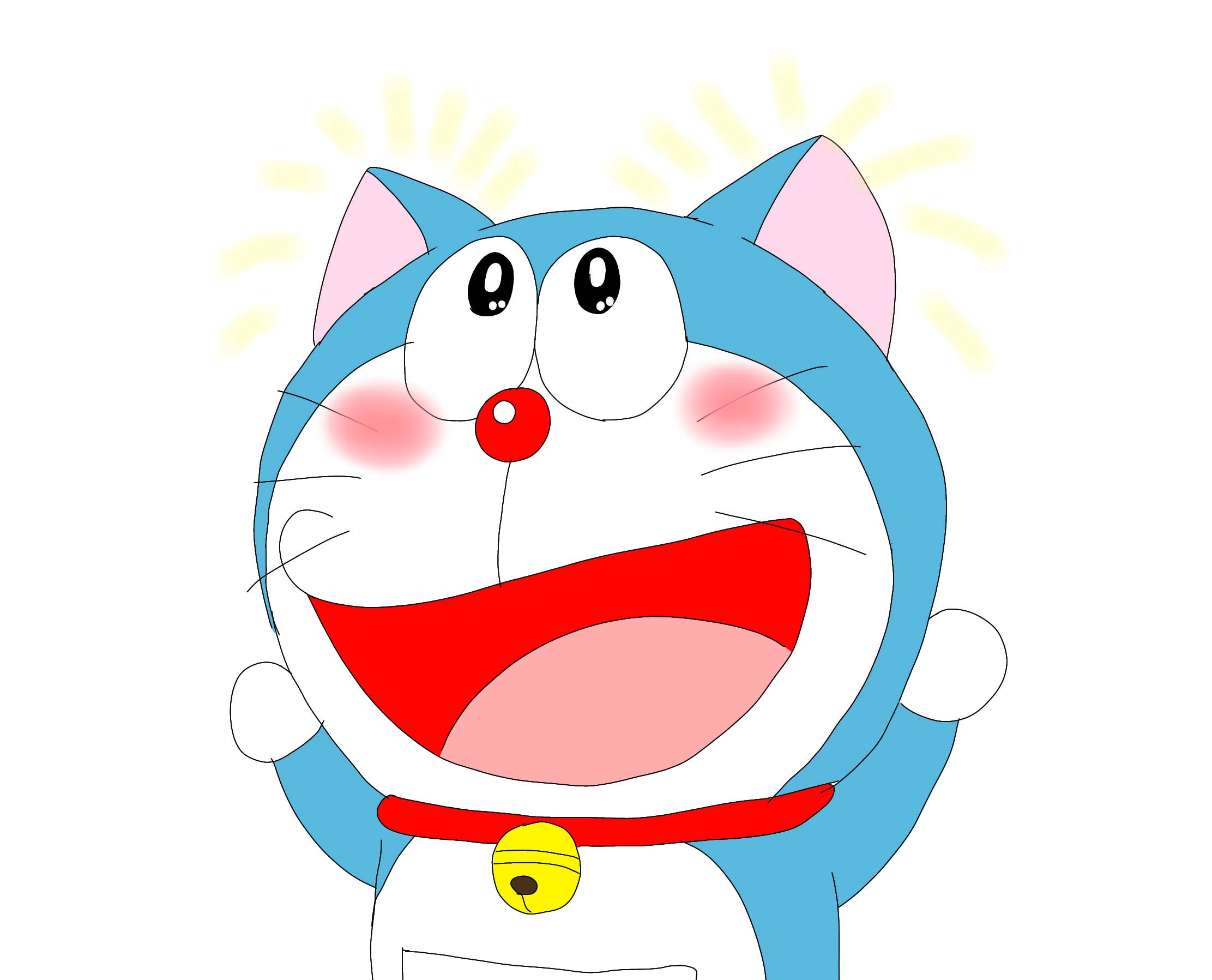 Cute Doraemon 桌布 壁紙 — 一隻快樂的藍色貓型機器人，戴著紅色項圈和鈴鐺，在純白背景前綻放喜悅。