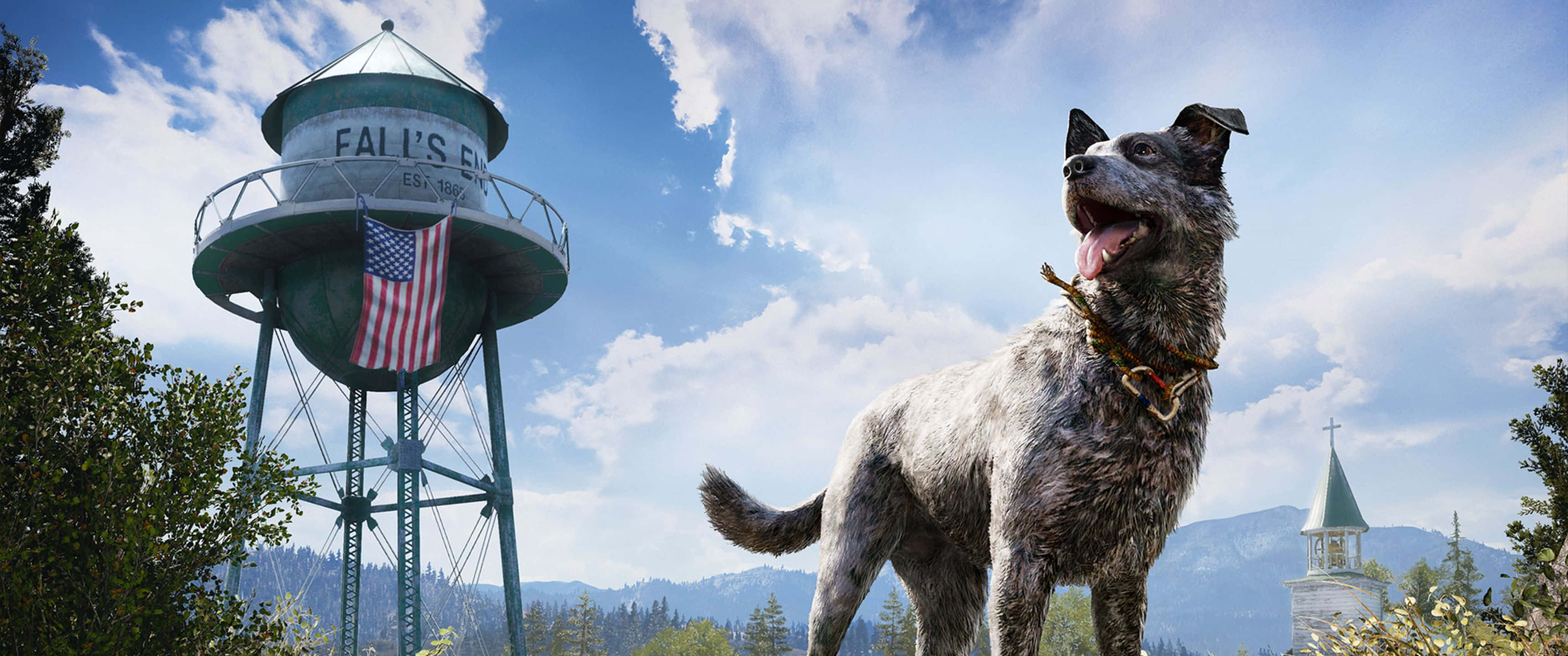 3440x1440p Far Cry 5 桌布 壁紙 — 一隻快樂的藍色赫勒犬自豪地站在一個帶有美國國旗的水塔前，背景是明亮的藍天。