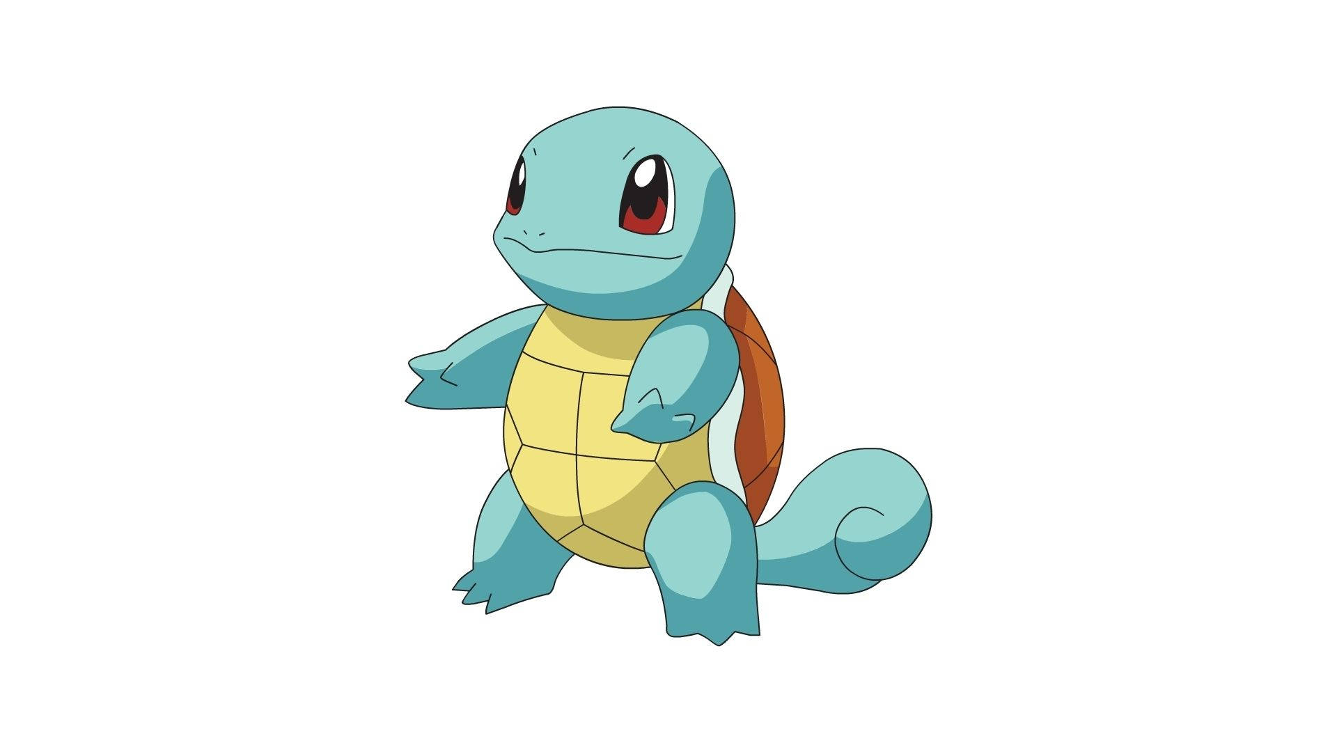 Squirtle 桌布 壁紙 — 一隻快樂的藍黃色卡通烏龜寶可夢站在純白色背景前。