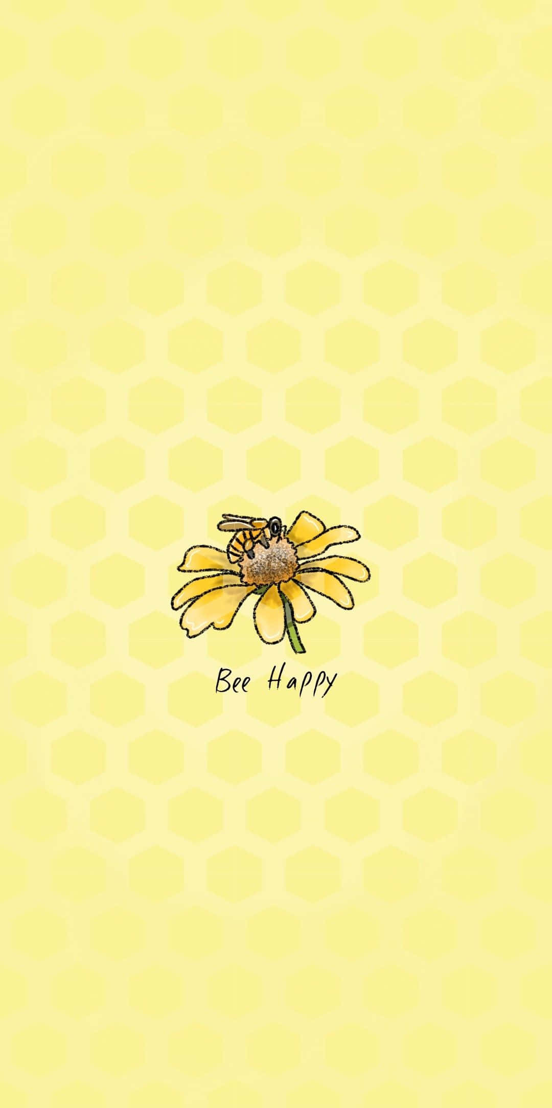 Aesthetic Bee 桌布 壁紙 — 一隻快樂的蜜蜂停在一朵黃色雛菊上，背景是柔和的蜂巢圖案，並帶有 Bee Happy 字樣。