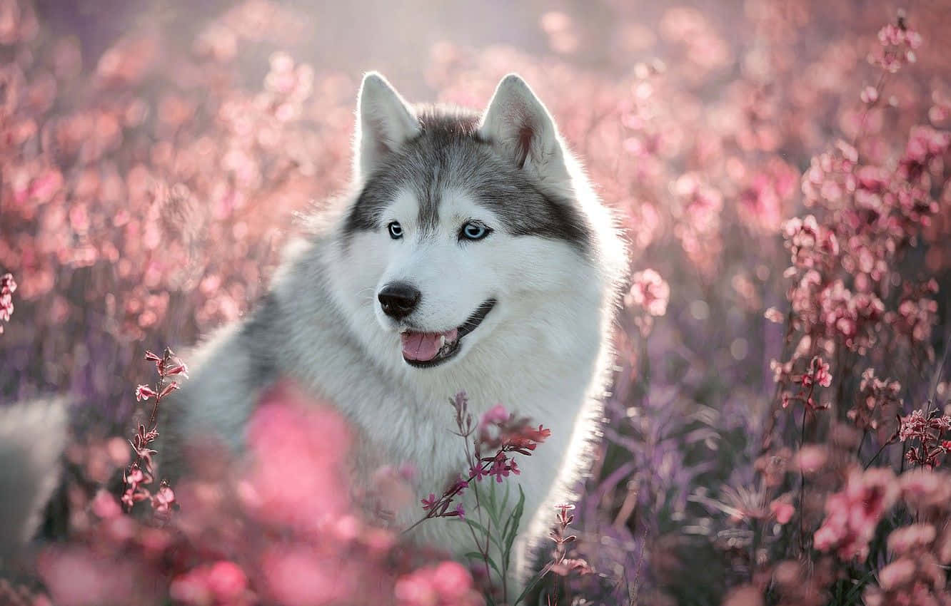 Aesthetic Dog 桌布 壁紙 — 一隻快樂的西伯利亞雪橇犬，擁有引人注目的藍色眼睛，坐在一片沐浴在溫暖陽光下的柔軟粉紅色和紫色花朵中。