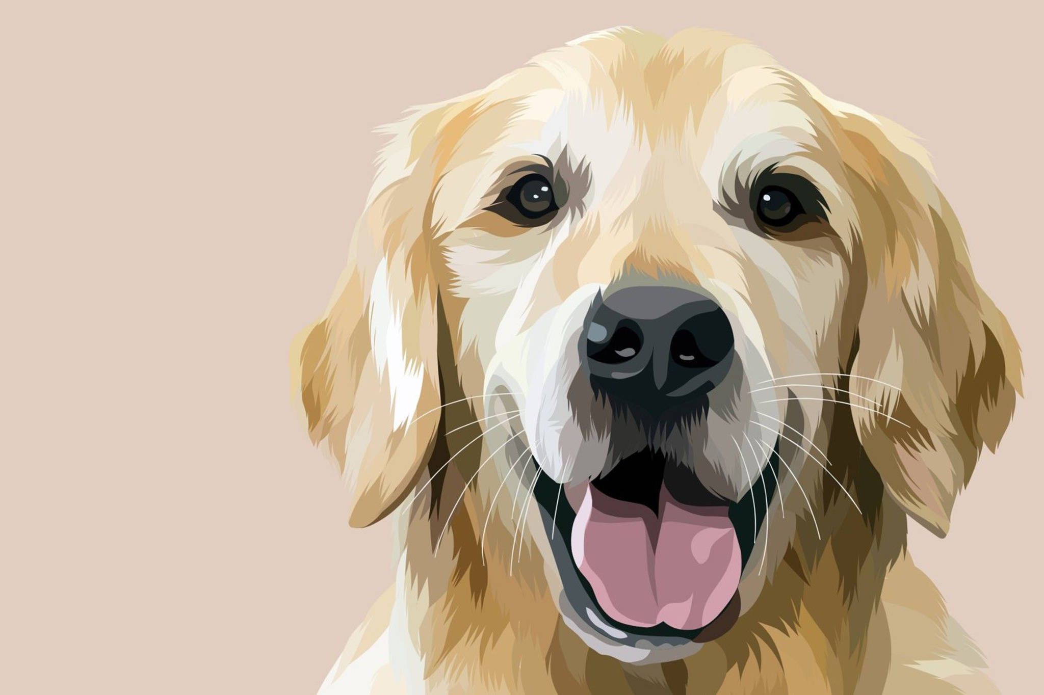 Dog Art 桌布 壁紙 — 一隻快樂的金毛尋回犬，有著下垂的耳朵和粉紅色的舌頭，在柔和的米色背景上溫暖地微笑。