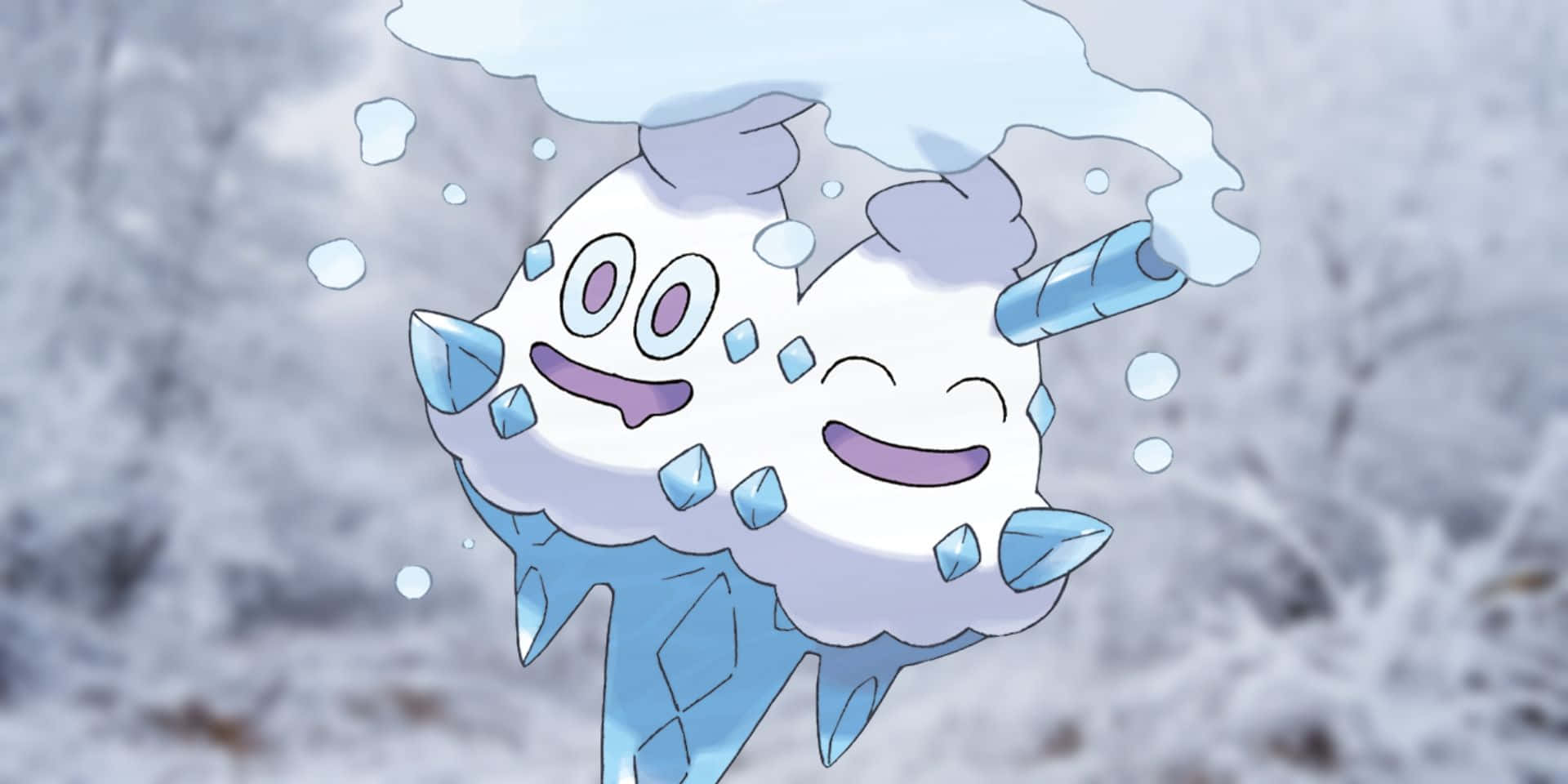 電玩遊戲 桌布 壁紙 — 一隻快樂的雪覆蓋寶可夢，帶有冰刺和微笑的臉，在飄落的雪花中漂浮在寒冷的冬季場景中。