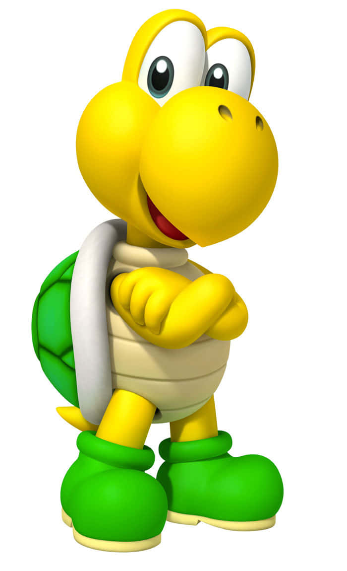 Koopa Troopa 桌布 壁紙 — 一隻快樂的黃色Koopa Troopa，帶有綠色龜殼和靴子，自信地交叉雙臂站在白色背景前。